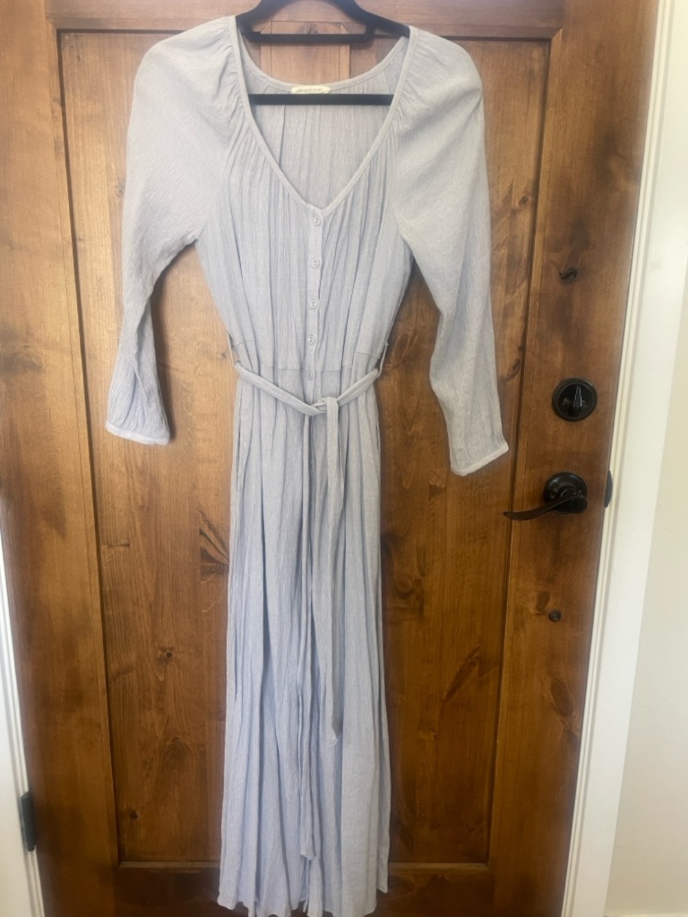 lovestitch Light Blue V-Neck Button-Front Maxi Dress with Tie Waist
